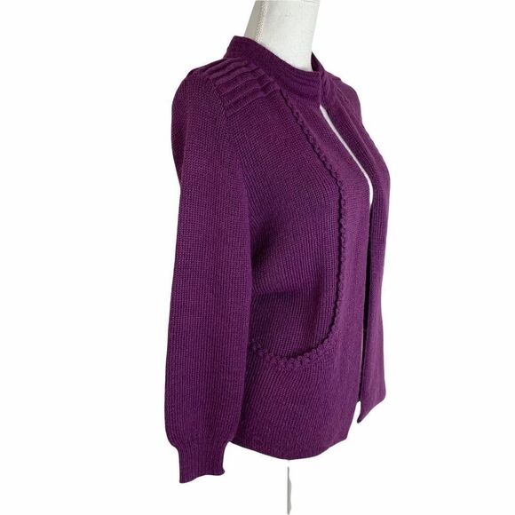 Designer Threads Eggplant Purple Cardigan Sweater 100% Alpaca Medium Pockets - Picture 2 of 9